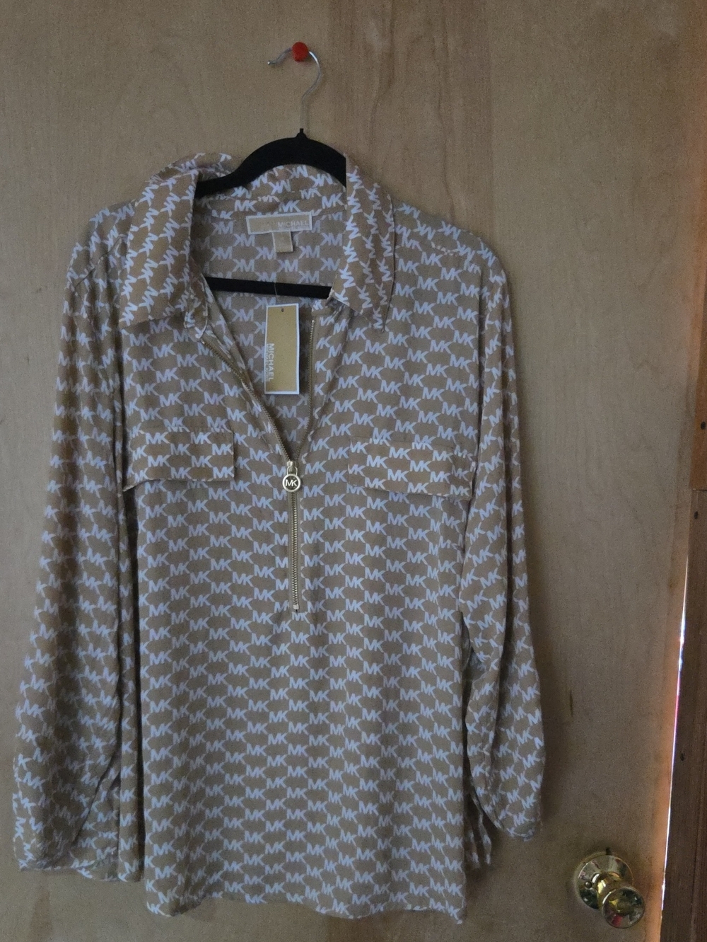 Michael Kors Beige and White MK Logo Zipper Front Shirt